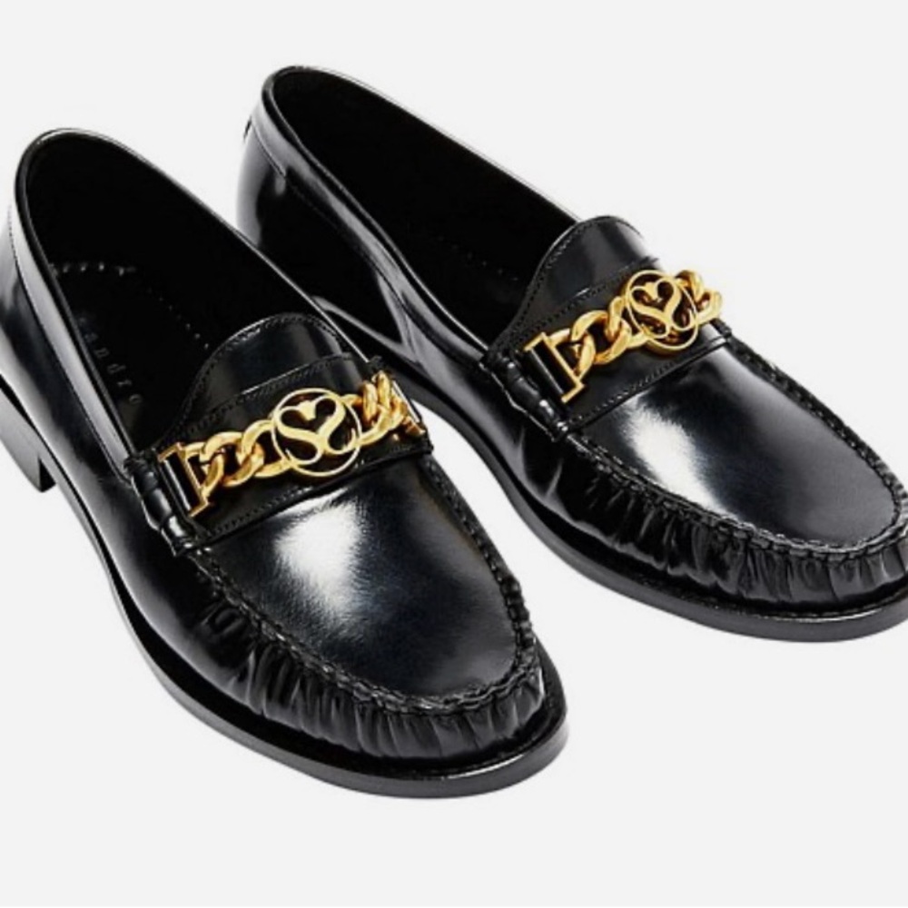 Black Sandro Joane Leather Loafers with Gold Chain